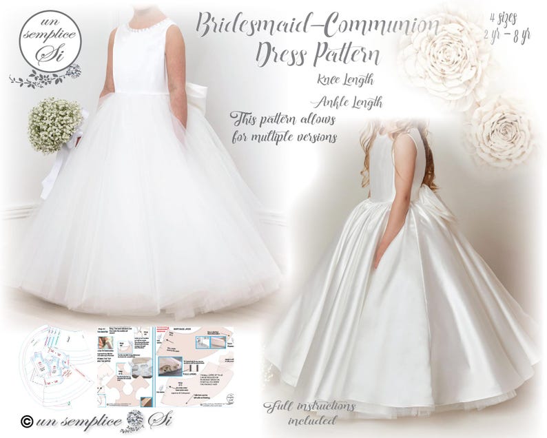 May include: A white dress pattern for a bridesmaid or communion dress. The pattern includes instructions for making a knee-length or ankle-length dress. The pattern is available in four sizes: 2 years to 8 years.