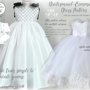 May include: A digital download pattern for a white bridesmaid or communion dress. The pattern includes four sizes, from 2 to 8 years old. The dress can be made with a knee-length or ankle-length skirt, with or without sleeves. The pattern includes full instructions.