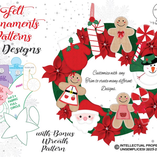 Motifs couronnes en feutre, motif couronnes et ornements, motif ornement en feutre, patron couture décorations de Noël