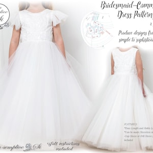 May include: A white tulle bridesmaid or communion dress pattern for girls. The pattern includes four sizes, from 2 to 8 years old. The pattern features knee-length and ankle-length options, as well as sleeveless, cap sleeve, and full sleeve styles. The pattern is designed to create simple to sophisticated looks.