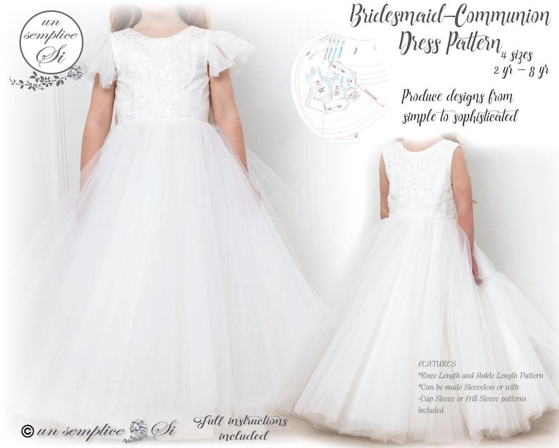 May include: A white tulle bridesmaid or communion dress pattern for girls. The pattern includes four sizes, from 2 to 8 years old. The pattern features knee-length and ankle-length options, as well as sleeveless, cap sleeve, and full sleeve styles. The pattern is designed to create simple to sophisticated looks.
