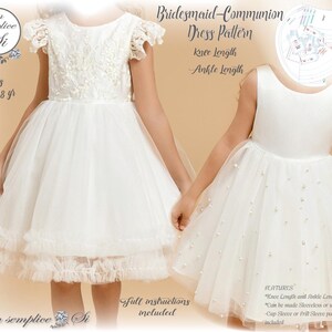 May include: A white tulle dress pattern for a bridesmaid or communion dress. The pattern includes both knee-length and ankle-length options. The pattern is available in four sizes: 2, 4, 6, and 8 years. Full instructions are included.
