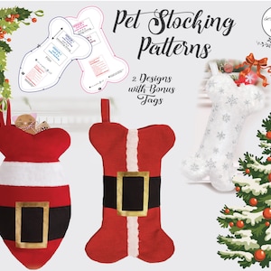 Puede incluir: Dos patrones de calcetines para mascotas, uno rojo y blanco con un cinturón de Papá Noel y otro blanco con copos de nieve. Los patrones son para un calcetín con forma de hueso y un calcetín con forma de pez. El texto en la imagen dice "Pet Stocking Patterns, 2 Designs with Bonus Tags".