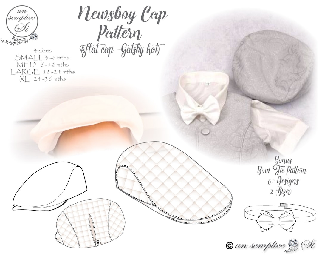 Flat Cap Pattern,baby Newsboy Cap Pattern, Baptism Boys Hat and Bow Tie Pattern, Baby Cap