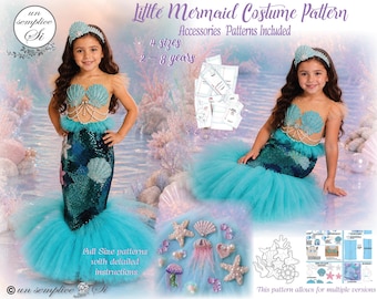 Little Mermaid Costume Sewing Pattern, Girls Dress, Seashell Appliqué, Headband & Wand (Digital Download)
