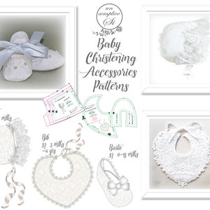 May include: A set of four white baby christening accessories patterns, including a bonnet, bib, booties, and a crocheted collar. The patterns are printed on white paper with black lines and text. The text includes the names of the items, the sizes, and the price. The patterns are displayed in a white frame.