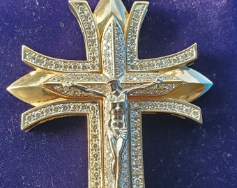 Huge Hip Hop 14kt & Diamond Double Crucifix