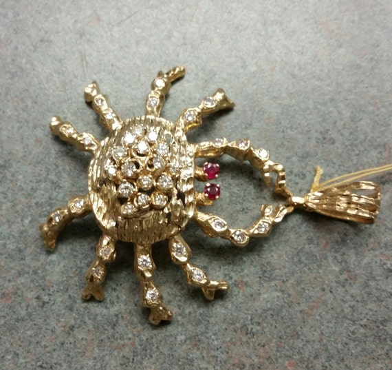 Large 14 Kt Diamond & Ruby Crab Pendant. - image 5