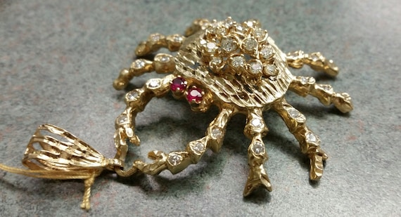 Large 14 Kt Diamond & Ruby Crab Pendant. - image 3