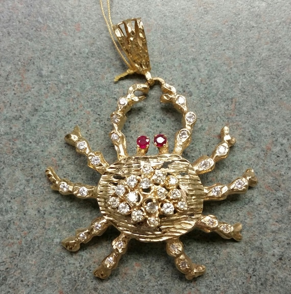 Large 14 Kt Diamond & Ruby Crab Pendant. - image 1