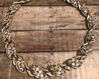 Coro  vintage gold tone necklace with aurora borealis crystals ,Vintage necklace, gold tone metal choker