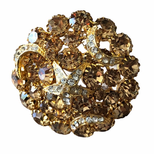 Large domed topaz style glass crystals brooch/ Vintage /Mid Century/ Gold Tone Flower Brooch/  Round rhinestone pin / Not Signed