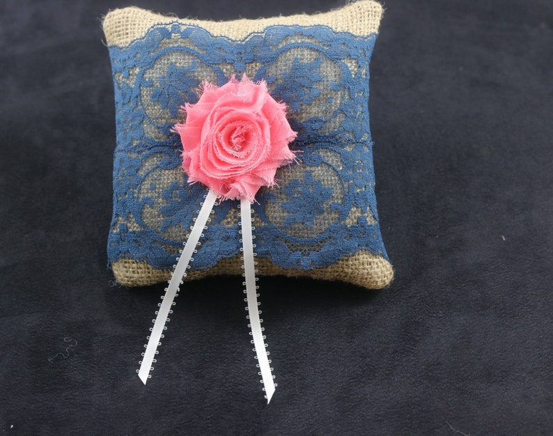 Shiffon Coral Flower And Crystals Ring Bearer Pillow Ready To Ship Small Rustic Burlap Blue Lace