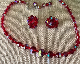 Necklace and earrings set , Demi Parure choker and Clip on Earrings, Red  Glass Crystals, Holiday Accessories Vintage Set, Gift