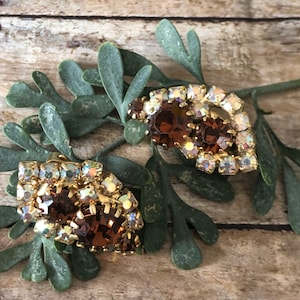 Leaf shape Topaz glass and AB rhinestones, clip on earrings, gold tone , wedding or party accessories, gift