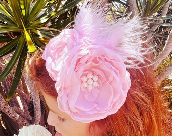 Pink Headband with hand made fabric flowers and feathers- Pink Head band - Headband - Toddler Headband - girl headband - Pink flower - Pin