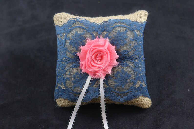 Shiffon Coral Flower And Crystals Ring Bearer Pillow Ready To Ship Small Rustic Burlap Blue Lace