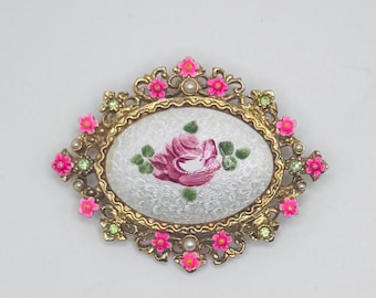ART singed vintage oval gold tone metal  brooch rose cameo  with faux pearls and faux crystals,  gift
