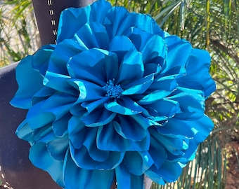 Oversized Teal Flower Brooch, Handmade Polyester Pin (12")