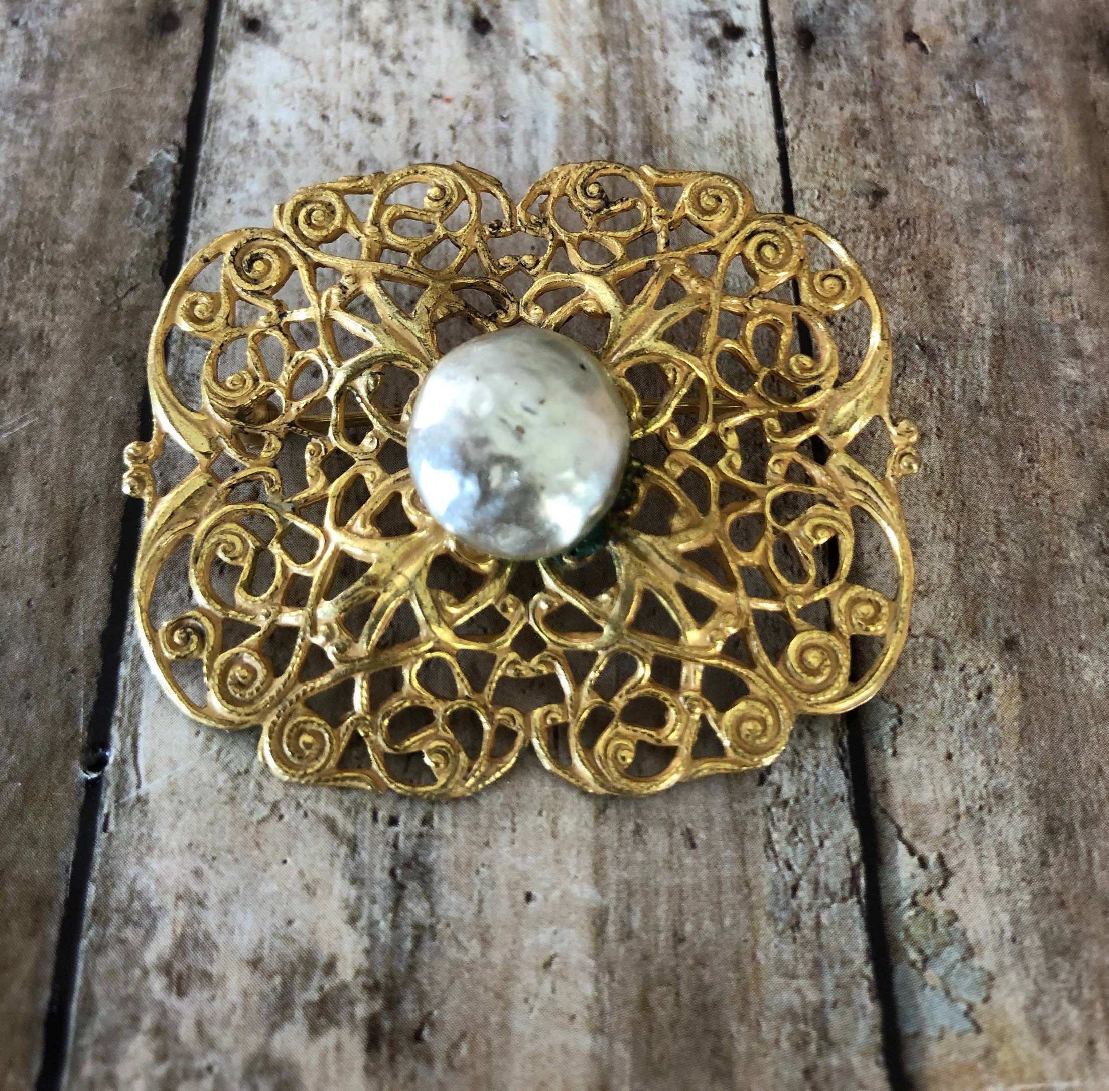 Miriam Haskell Vintage Filigree Gold Tone Metal Brooch With Faux