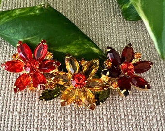Vintage Juliana  style three flower brooch , three shades of orange glass rhinestones, gift