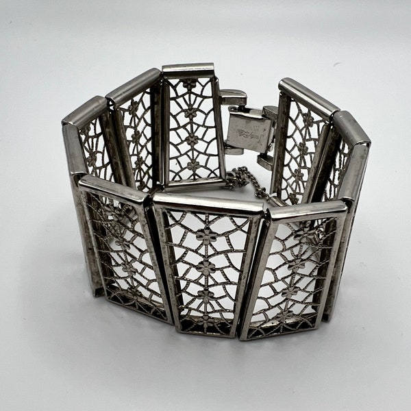 Judy Lee Bracelet/ Vintage /Wide  filigree  bracelet/Silver tone metal /gift (0323)