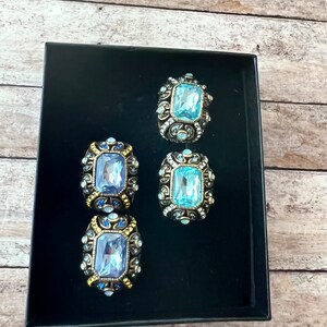 Heidi Daus  earrings, set of two, blue and aqua glass cabochons, clear crystals, gift for her,