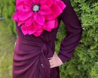 Oversized Fuchsia Satin Flower Brooch, Handmade Wedding Accessory