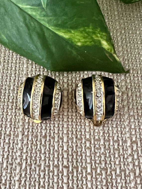 Boucles D'oreilles Clips Vintage Doré Et Noir - Bijou Fantaisie Sans Marque, Occasion, Fermoir à Clip