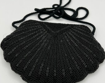 Vintage small black beaded evening purse, clutch, gift