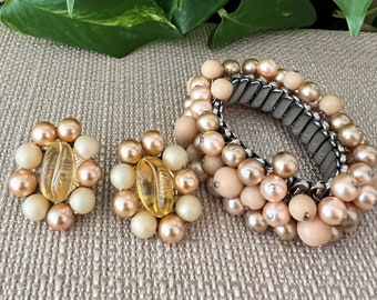 Armband und Ohrringe Set , Demi Parure Erweiterbares Cha-Cha Armband und Ohrclips, Urlaubsaccessoires, Vintage Set, Geschenk