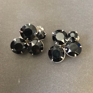 Vintage, Juliana style, mid century  clip on earrings, silver tone metal with black crystals , wedding accessories,