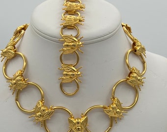 Vintage jewelry Set, Demi parure gold tone metal with bees necklace & bracelet, gift,