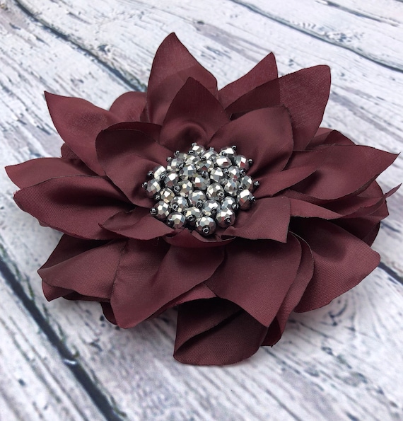 Burgundy Fabric Pin Flower Brooch Handmade Wedding Accessor birthday mother of the Bride bridesmaid burgundy Maroon Flower women Gift Etsy