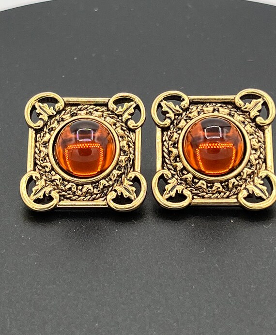Avon  earrings, vintage,  gold tone  metal ,amber… - image 1