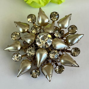 Vintage /Mid Century/ Gold Tone Flower Brooch/Faux pearls clear crystals/ Three D brooch/Not singed /Jewelry gift