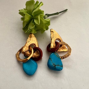 Kate Hines dangling  earrings ,vintage, gold tone metal ,stones turquoise color
