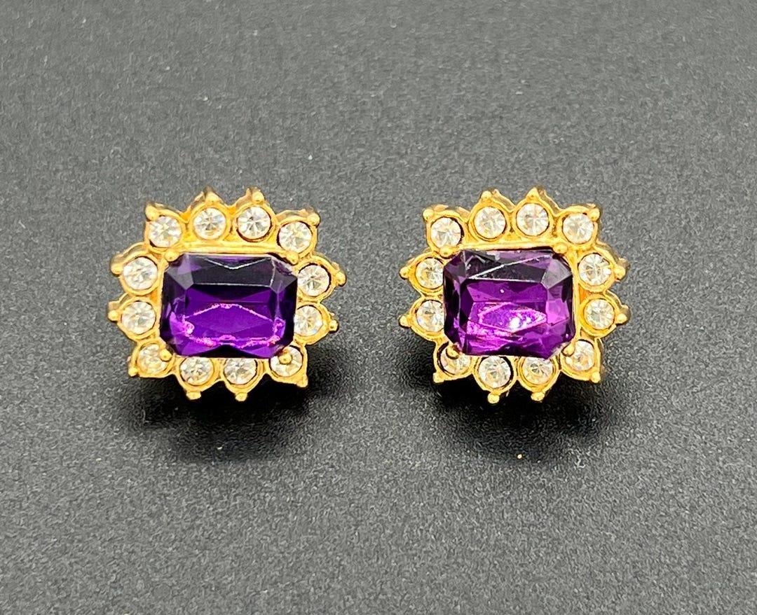 Boucles D'oreilles Vintage AVON Ireland - Métal Doré Avec Pierres Roses Et Violettes - Occasion