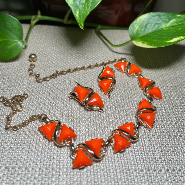 Necklace and clip on earrings set, demi parure set,  orange thermoset triangles in gold tone,  gift for her, truly vintage