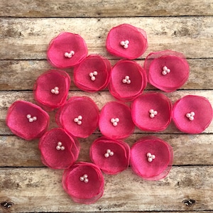 Fabric flower appliqués, sew on flowers, mini flowers for crafts,  organza flowers with pearl