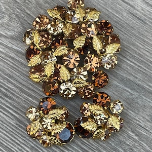 Vintage Austrian Set  Demi Parure Brooch and Clip on Earrings  gold tone metal topaz glass crystals,  Vintage Gift For Her