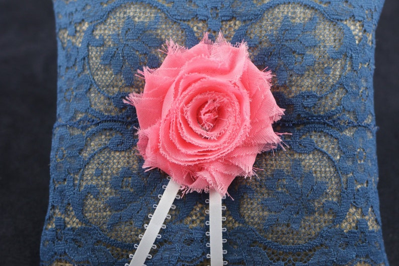 Shiffon Coral Flower And Crystals Ring Bearer Pillow Ready To Ship Small Rustic Burlap Blue Lace