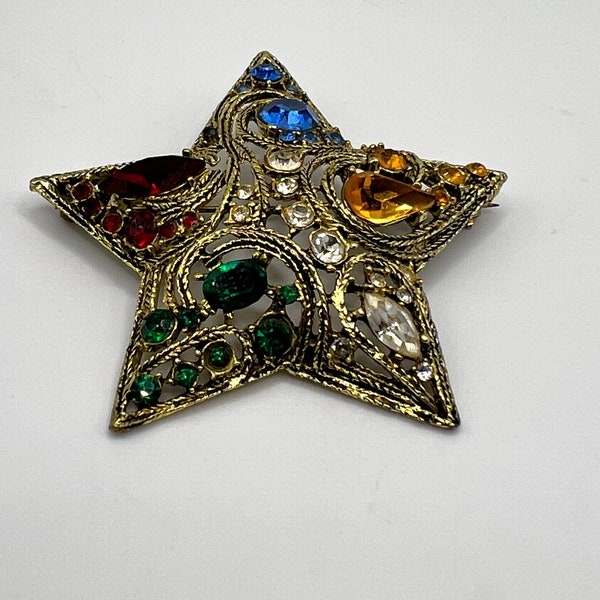 Star brooch, LA ROCO gold tone metal multicolor rhinestone brooch, Vintage brooch,Not Signed,Holiday gift