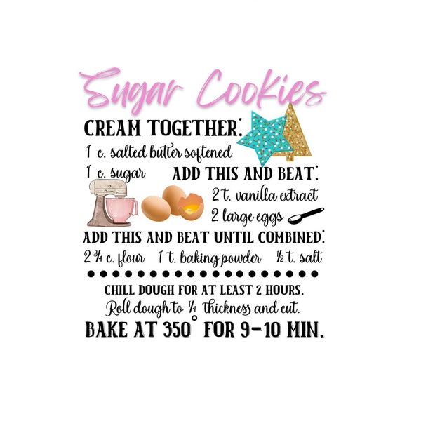 Sugar Cookies Recipe - Kitchen Towel Design -  PNG - sublimation - crafting - dtf