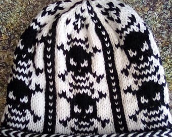 Hand Knit Black And White Skull Hat/Beanie Teen/Adult