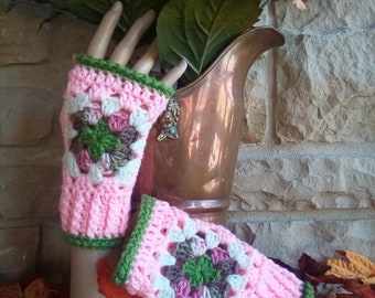 Hand Crocheted Granny Square Fingerless Mitts Size S-M
