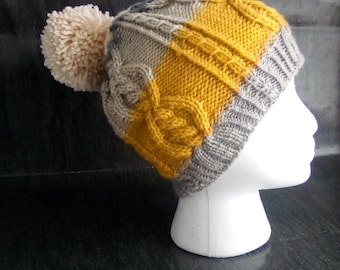 Hand Knit Beanie Hat With Cables Size S/M