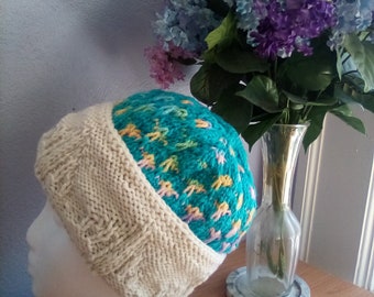 Hand Knit Adult/Teen Confetti Colored Textured Brim Beannie