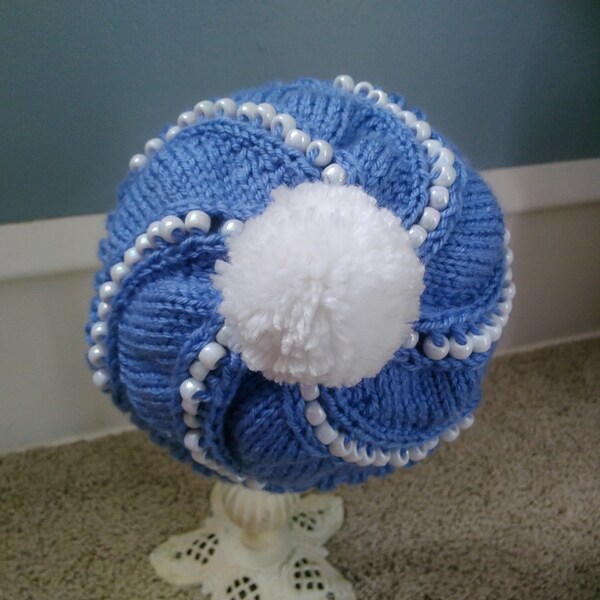 Hand Knit Beaded Blue PomPom Hat