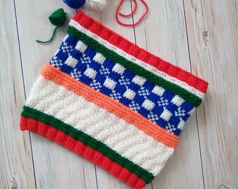 Hand Knit Patchwork Pattern Multi-Colored Textured Cowl Scarf